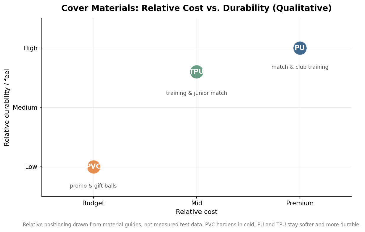 Scatter plot positioning soccer ball cover materials by relative cost and durability: PVC budget/low, TPU mid, PU premium/high