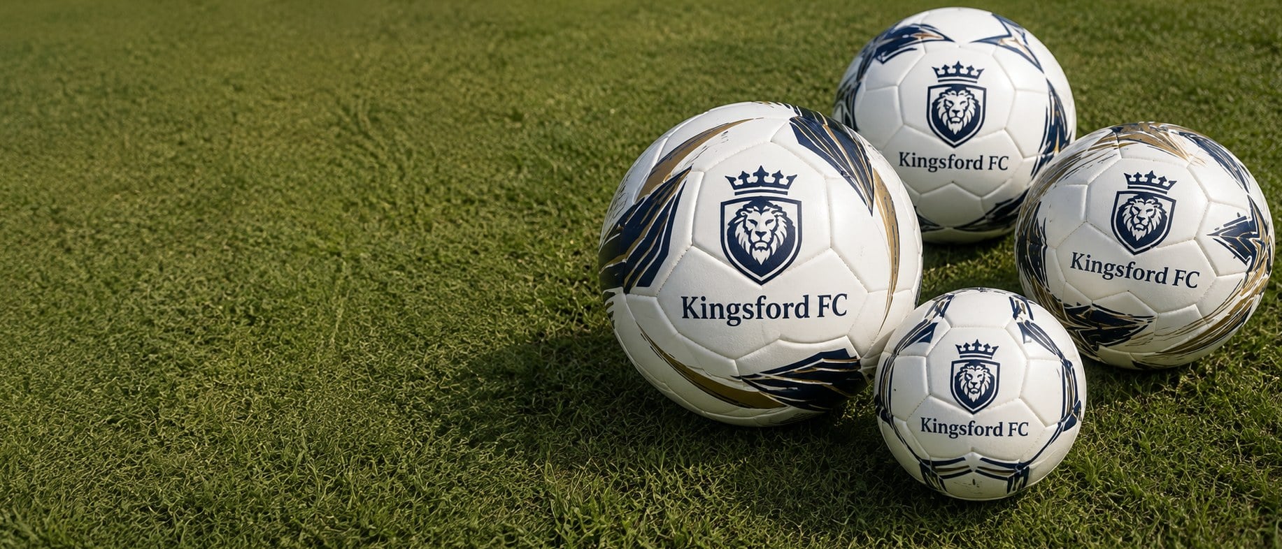 Custom printed soccer balls with a club crest lined up on turf